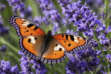 Naklejka premium Butterfly resting on a blooming lavender plant, with its delicate wings fully spread and fine textures visible, AI generated