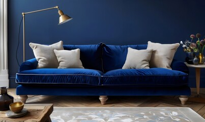 A modern living room with a navy blue textured wall, a sleek dark blue L-shaped sofa, decorative pillows, a white round coffee table with magazines, a tall floor lamp with a white shade