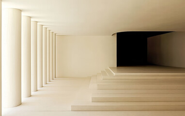 Fototapeta premium Minimalist architectural interior featuring smooth columns and structured steps in soft light