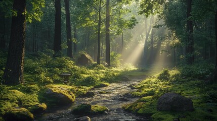 Obraz premium Sunlight streams through trees over a forest stream with rocks and lush greenery, creating a serene and tranquil scene, AI generated