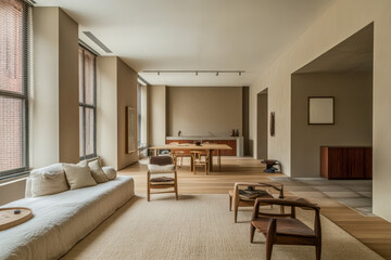 Fototapeta premium Modern interior design in a spacious living and dining area with natural light
