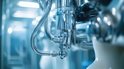 Close-up of industrial stainless steel machinery with liquid pouring.
