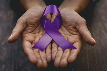 Man's hands holding large purple Alzheimer disease awareness ribbon. Generative Ai, AI generated