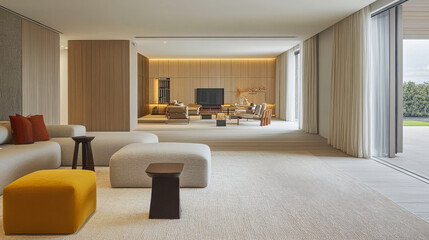 Fototapeta premium Modern living room design featuring minimalist furniture and abundant natural light