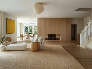 Modern living room with minimalist design and natural light in a spacious home