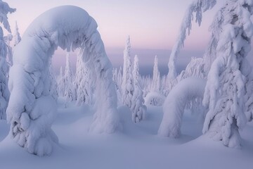 Log cabin in deep snowy forest, boreal, arctic zone, polar forest coloured twilight, twilight, AI generated