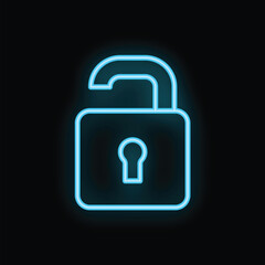 Blue neon open padlock icon glowing on a black background representing safety and security