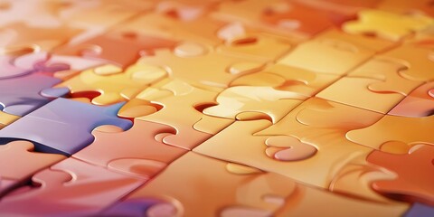 Illustration of scattered orange puzzle pieces sprawled across as a wallpaper background, AI generated