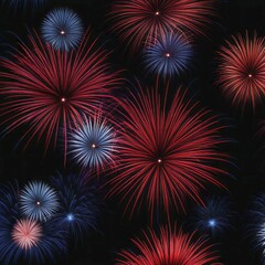 Fototapeta premium A variety of red and blue fireworks light up the dark night sky, AI generated
