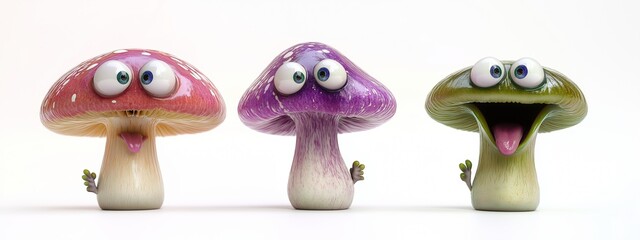 Three funny crazy mushrooms on a white background