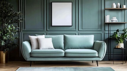 Teal velvet sofa in a modern living room with green paneled walls, plants, and a blank frame.