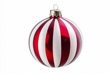 Single red and white striped Christmas bauble ornament on white background. Generative Ai, AI generated