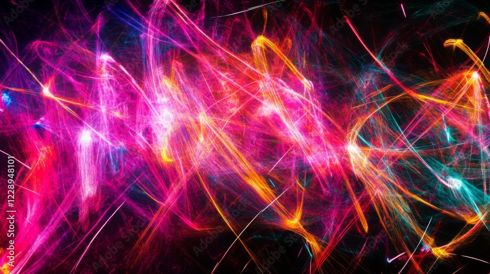 Fototapete A vibrant display of colorful light trails swirling against a dark background, creating an abstract and dynamic visual effect.