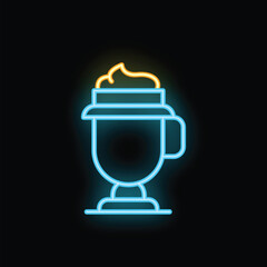 Minimalist neon blue icon of a steaming irish coffee cup on a black background