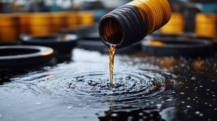 Fototapeta premium Crude oil pouring from pipe into tank.