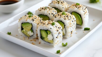 A minimalist arrangement of fresh sushi rolls topped with avocado and sesame seeds, neatly placed on a white ceramic plate, Sushi centered