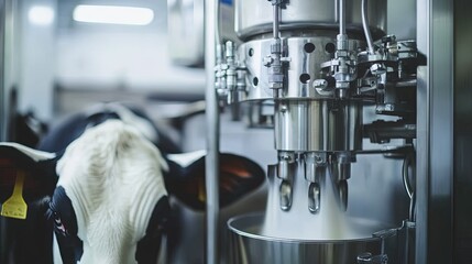 Cow and automated milking machine in dairy farm.