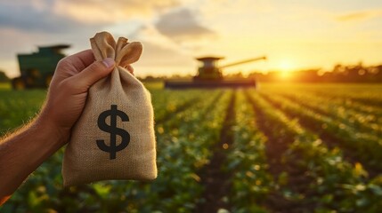 A hand holds a money bag in a field, with a sunset and farm machinery in the background, symbolizing agricultural prosperity and financial growth.