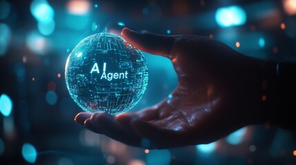 A hand holds a glowing sphere displaying "AI Agent," symbolizing artificial intelligence and technology in a futuristic setting.