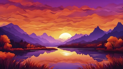 Fototapeta premium Abstract illustration of a sunset in a mountain landscape with a lake in vivid and vibrant colors, AI generated