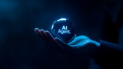 A glowing orb labeled "AI Agent" rests in a hand, symbolizing advanced technology and artificial intelligence.