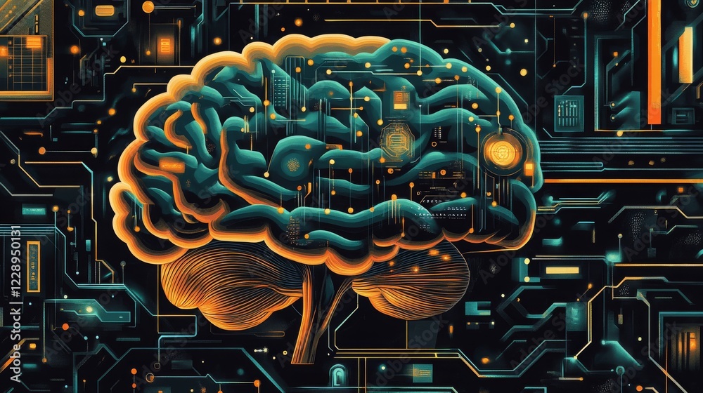 Fototapete a futuristic depiction of a brain intertwined with circuit patterns, symbolizing the convergence of 