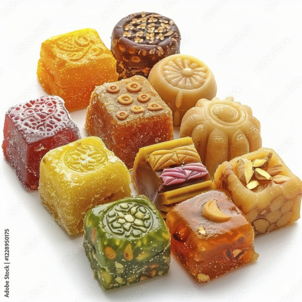 Canvas Prints a collection of traditional colorful square sweets with intricate patterns, showcasing a vibrant var
