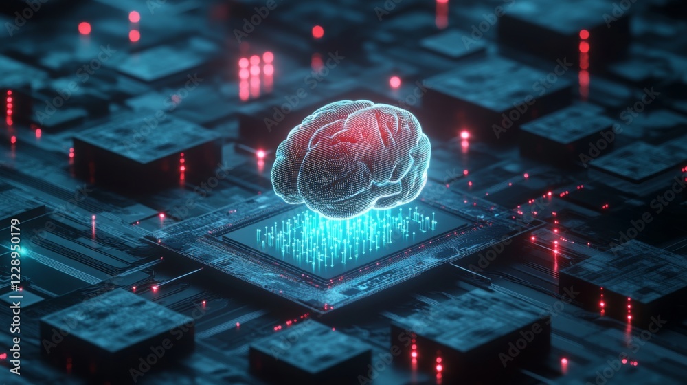 Poster a digital rendering of a brain hovering above a circuit board, illustrating the concept of artificia