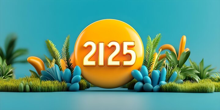 A vibrant yellow circle with the number 2125 surrounded by colorful plants and foliage against a blue background. Concept Vibrant Design, Number Art, Colorful Foliage, Blue Background