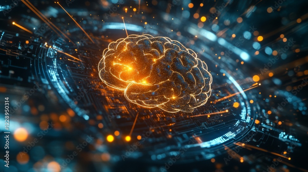 Fototapete A vibrant, digital representation of a brain, surrounded by glowing particles and intricate patterns, symbolizing advanced technology and intelligence.
