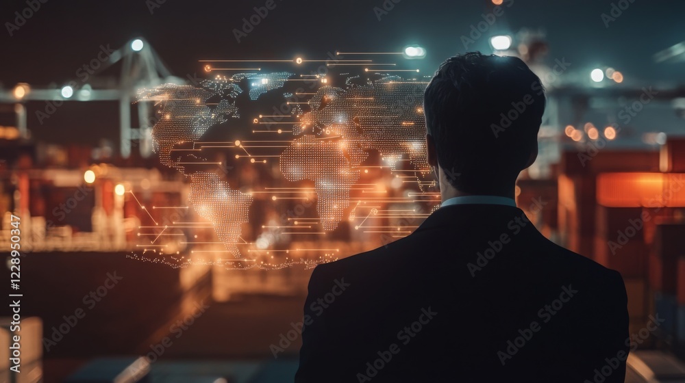 Aufkleber a businessman observes a bustling port at night, surrounded by illuminated containers and digital da