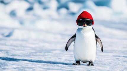 Obraz premium Cool penguin wearing red beanie and sunglasses on snow.