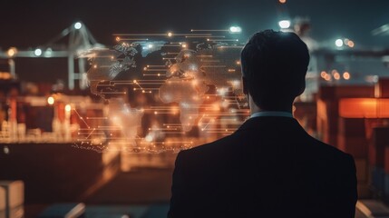 A businessman observes a bustling port at night, surrounded by illuminated containers and digital data overlays, symbolizing innovation and logistics.