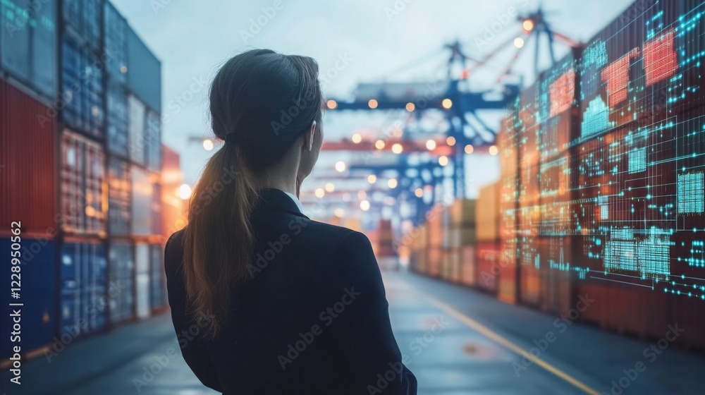 Aufkleber a woman observes shipping containers and port activity, with digital data visuals, highlighting the 