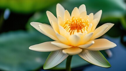 Close-up of a blooming yellow water lily.
