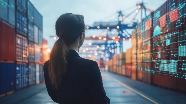 A woman observes shipping containers and port activity, with digital data visuals, highlighting the intersection of technology and logistics.