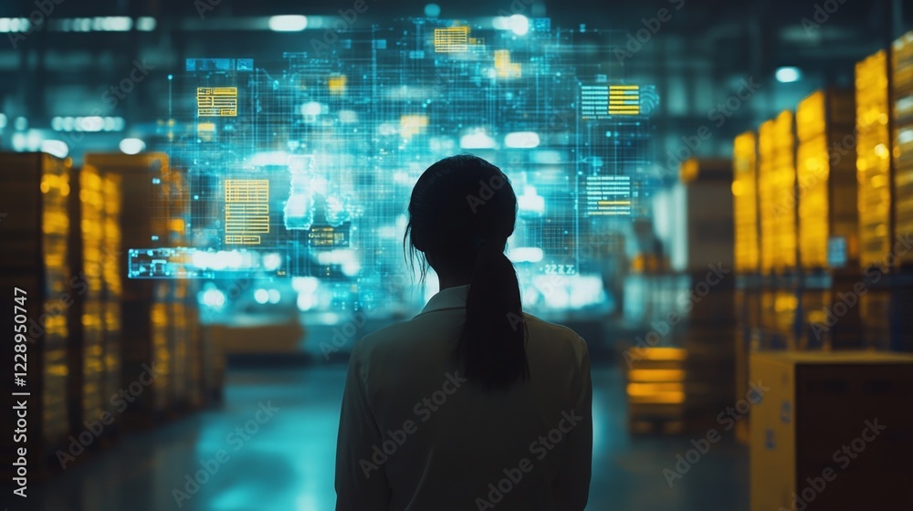 Poster A woman stands in a warehouse, observing digital data and analytics projected above stacks of storage boxes, blending technology with logistics.