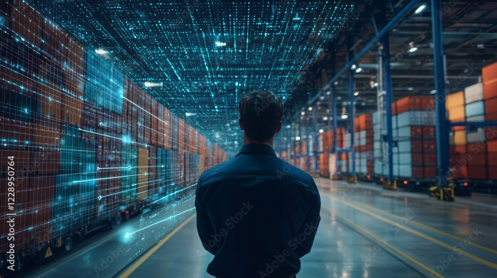Leinwandbilder a person stands in a warehouse surrounded by glowing data visuals, representing the fusion of techno