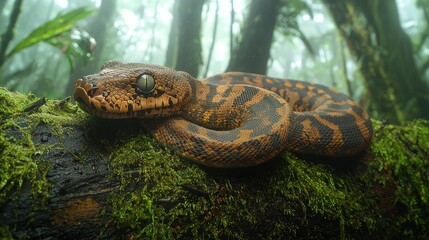 Rainforest Snake Resting on Mossy Log.
