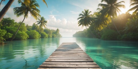 Serene tropical paradise with wooden dock and calm water