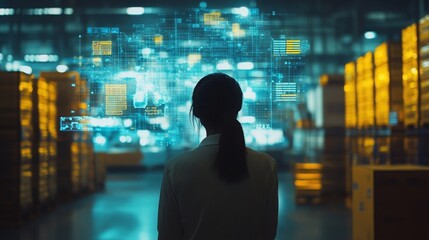 A woman stands in a warehouse, observing digital data and analytics projected above stacks of storage boxes, blending technology with logistics.