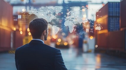 A business professional stands facing shipping containers, with a digital world map overlay, symbolizing global trade and logistics.