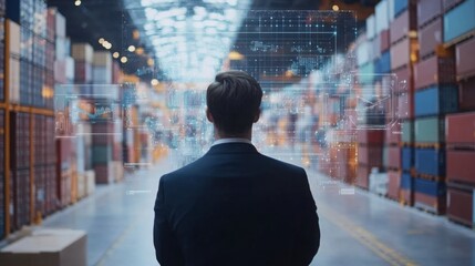 A business professional observes a warehouse filled with containers, inspiring thoughts of logistics and inventory management.