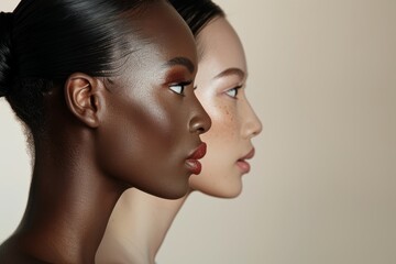 Aesthetic portrayal of women with diverse skin tones in a side profile portrait, capturing beauty and elegance through minimalist fashion and makeup, model posing, and radiant lighting