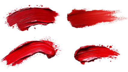 Crimson Strokes:  Four bold strokes of vibrant red lipstick create a dynamic, abstract composition against a clean background. This image is ideal for cosmetic packaging, design.