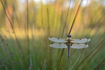 Four-spotted Chaser (Libellula quadrimaculata) covered in dew, on rush, Großes Veen, North Rhine-Westphalia, Germany, Europe