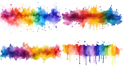 Rainbow Watercolor Splats: Vibrant watercolor paint splatters in a rainbow spectrum, perfect for adding a splash of color and creativity to your design projects.