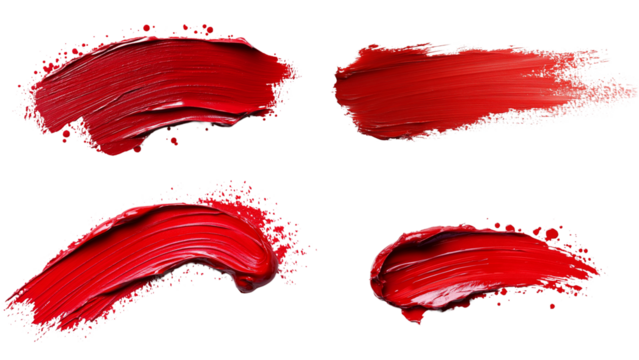 Crimson Strokes:  Four bold strokes of vibrant red lipstick create a dynamic, abstract composition against a clean background. This image is ideal for cosmetic packaging, design.