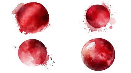 Crimson Watercolor Spheres: A set of four unique, hand-painted crimson watercolor spheres, each with a slightly different texture and splatter effect.