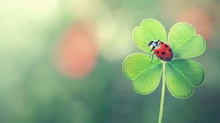 Naklejka premium Ladybug on Four-Leaf Clover: Lucky Charm with Vibrant Red Bokeh